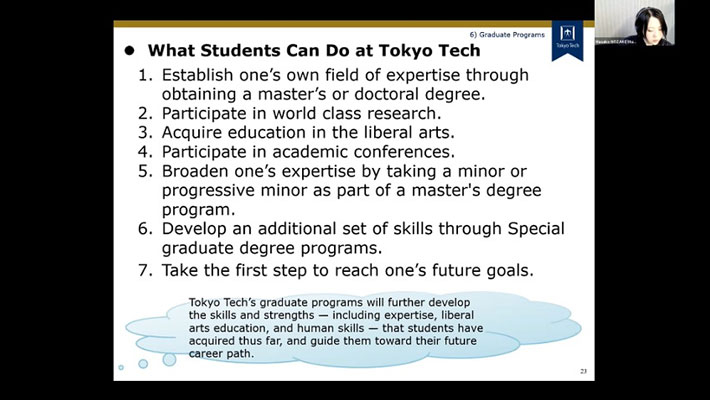 Student life coach introducing study-related information at Tokyo Tech
